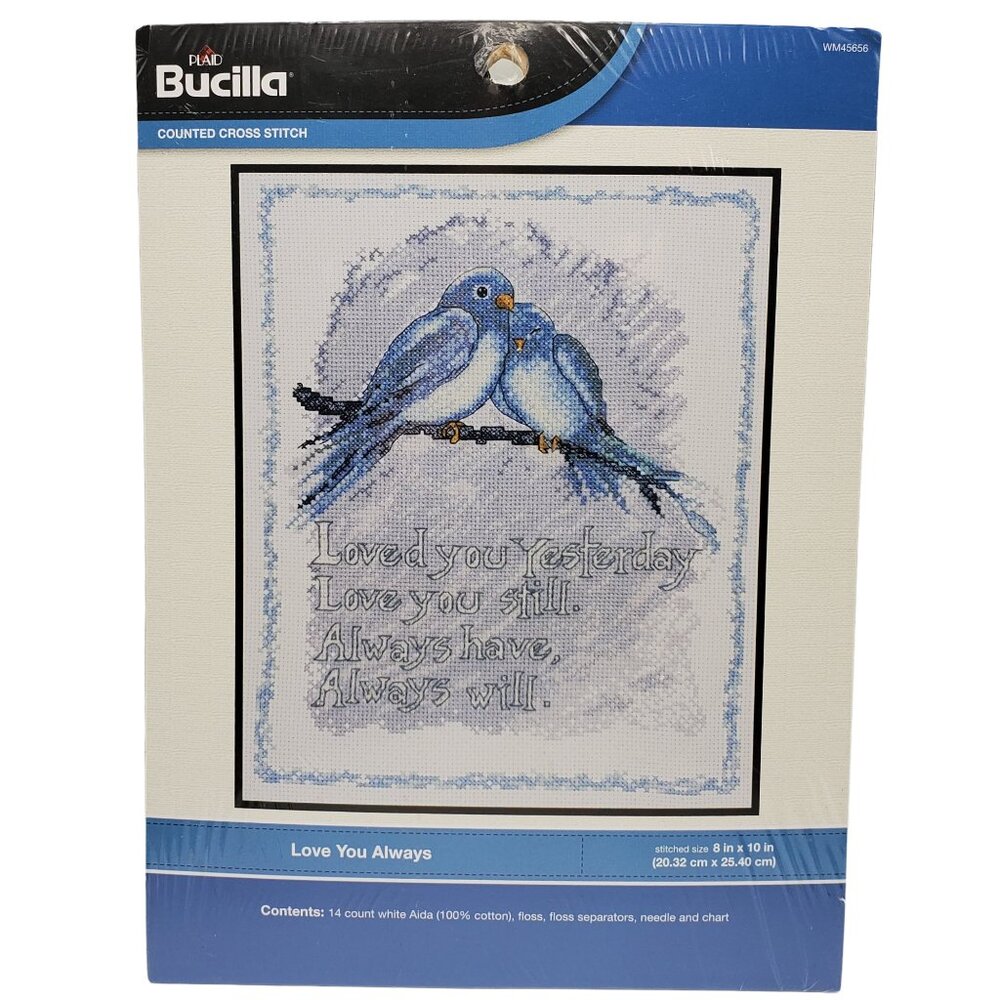 PLAID BUCILLA Counted Cross Stitch Kit LOVE YOU ALWAYS 8x10 Lovebirds WM45656